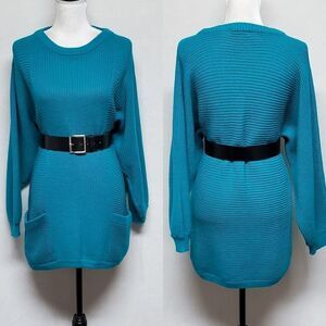 VINTAGE 1970s Jason Maxwell Teal Multi-Ribbed Belted Side Pocket Sweater Dress
